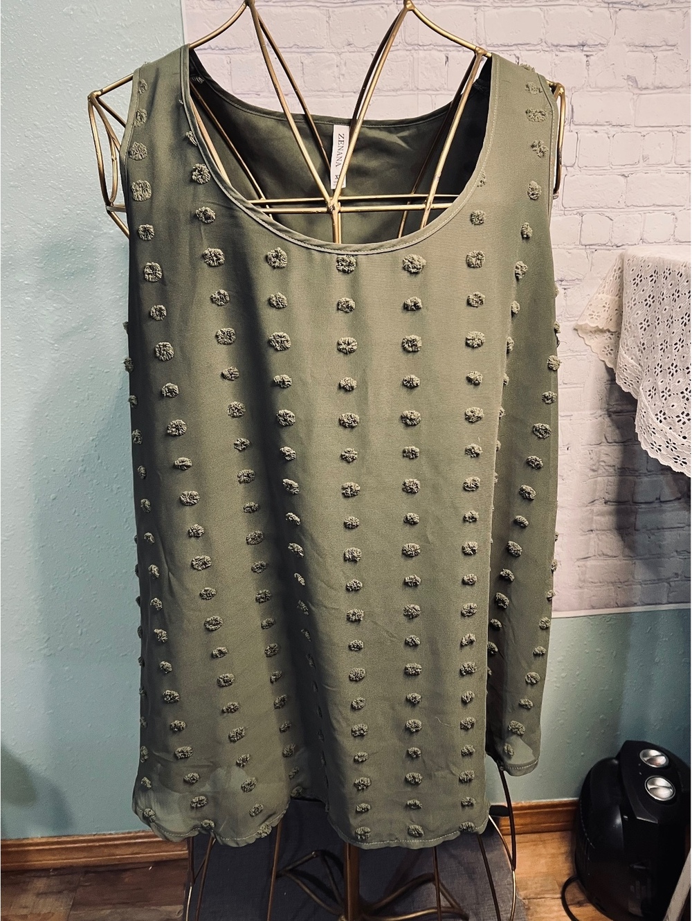 Zenana Swiss Dot Tank womens XL olive green sheer lined flowy chiffon new